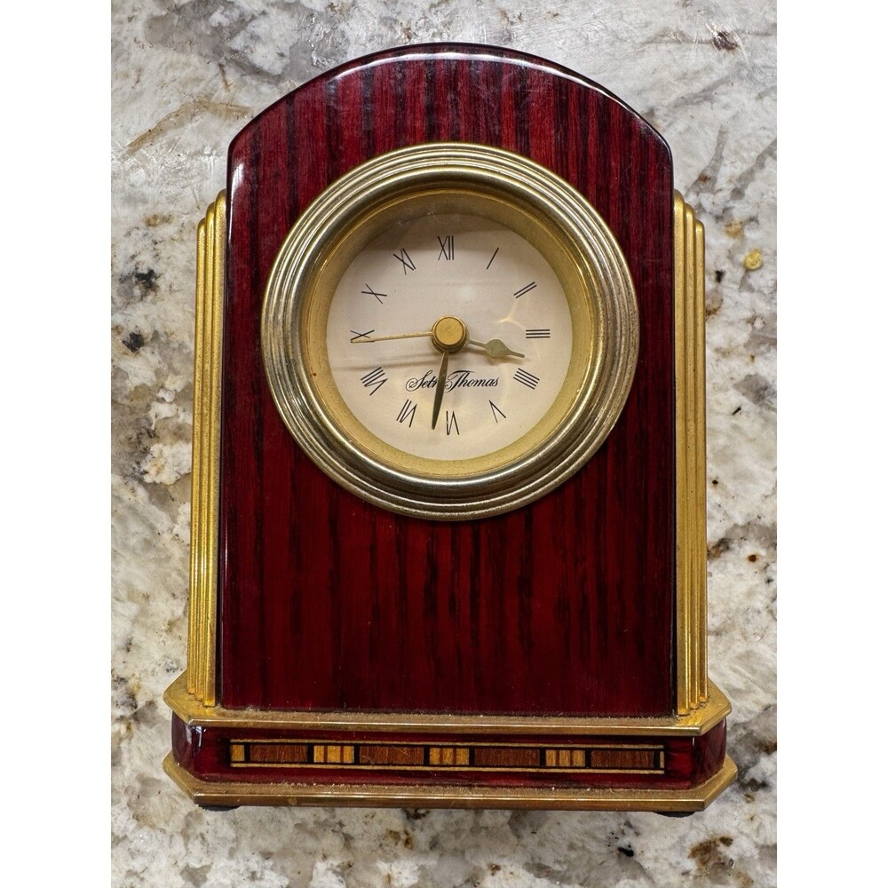 Seth Thomas Quartz Mantel Clock Wood Gold Tone Desk Office 5.5” Works